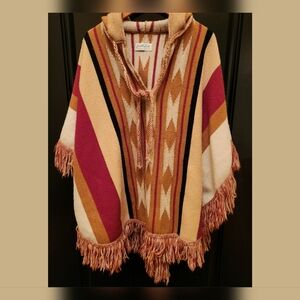 Vintage 70's Cuddle Knit South Western Hooded Fringe Poncho~OSFM